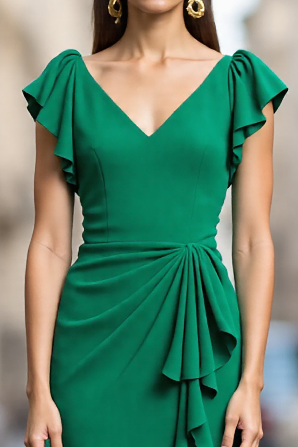 Green Satin Bodycon V Neck Midi Ruched Work Dress with Ruffles