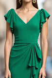 Green Satin Bodycon V Neck Midi Ruched Work Dress with Ruffles