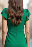 Green Satin Bodycon V Neck Midi Ruched Work Dress with Ruffles