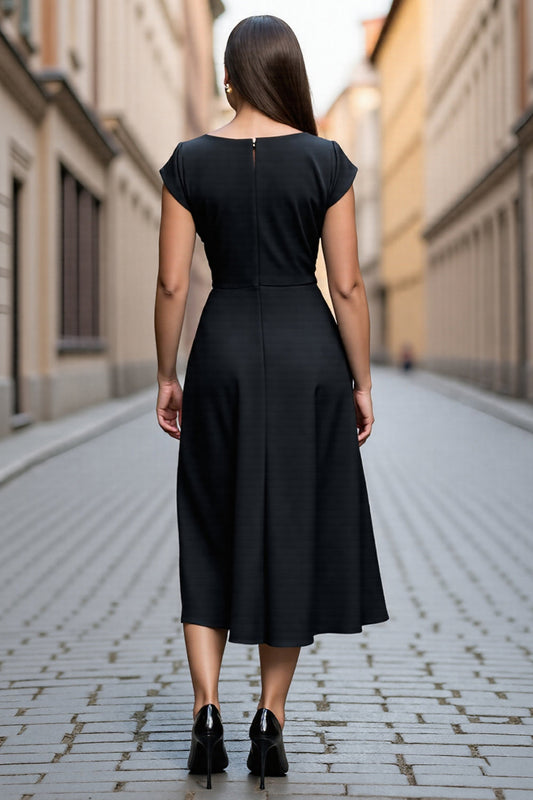 Black Satin A Line V Neck Midi Work Dress with Sleeves