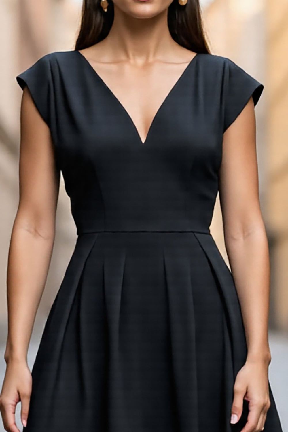 Black Satin A Line V Neck Midi Work Dress with Sleeves
