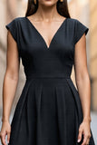 Black Satin A Line V Neck Midi Work Dress with Sleeves