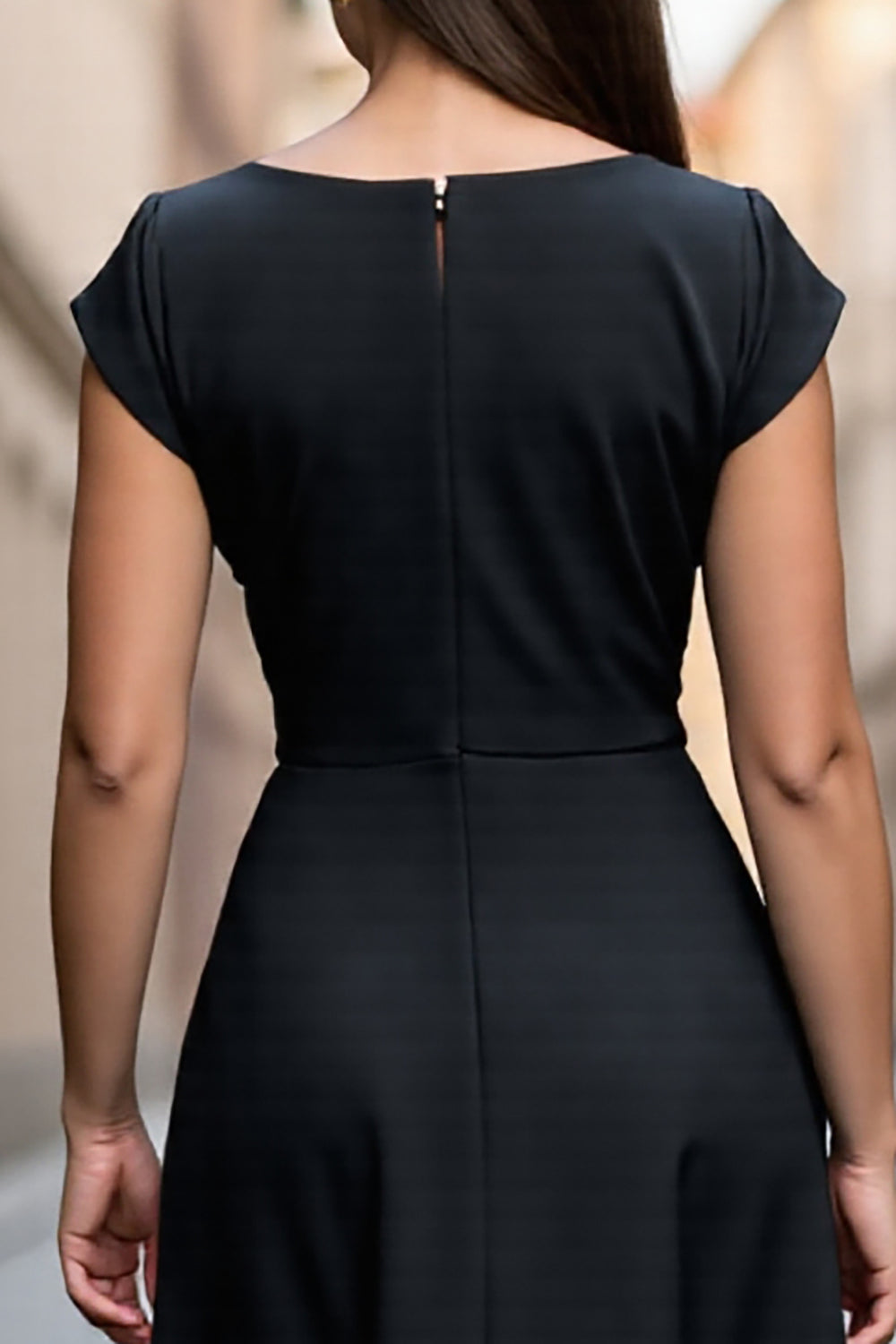 Black Satin A Line V Neck Midi Work Dress with Sleeves