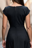 Black Satin A Line V Neck Midi Work Dress with Sleeves