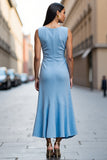 Sky Blue Satin Bodycon Boat Neck Midi Work Dress with Ruffles