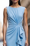Sky Blue Satin Bodycon Boat Neck Midi Work Dress with Ruffles