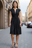 Black A Line Satin Midi Ruched Work Dress with Cap Sleeves