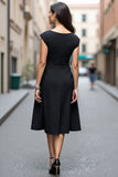 Black A Line Satin Midi Ruched Work Dress with Cap Sleeves
