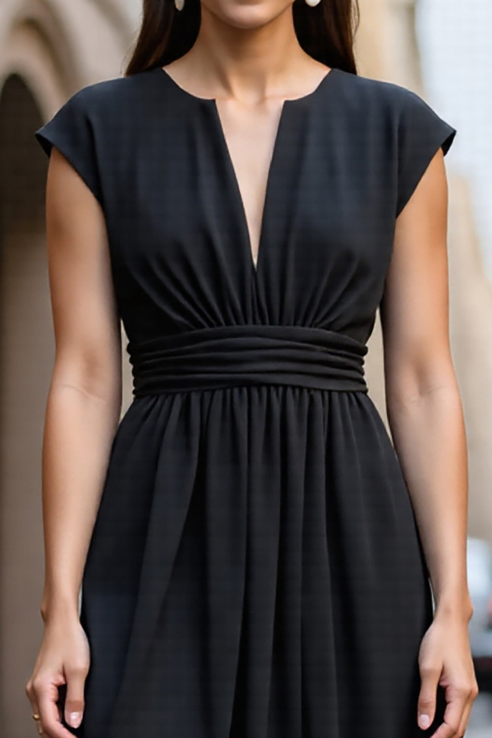 Black A Line Satin Midi Ruched Work Dress with Cap Sleeves