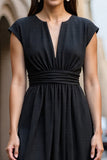 Black A Line Satin Midi Ruched Work Dress with Cap Sleeves