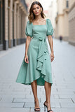Mint Green A Line Square Neck Midi Satin Work Dress with Ruffles