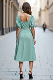 Mint Green A Line Square Neck Midi Satin Work Dress with Ruffles