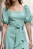 Mint Green A Line Square Neck Midi Satin Work Dress with Ruffles