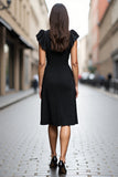 Black Square Neck Satin A Line Midi Work Dress with Ruffles