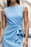 Sky Blue Satin Bodycon Midi Ruched Work Dress with Ruffles