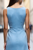 Sky Blue Satin Bodycon Midi Ruched Work Dress with Ruffles
