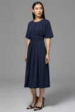 Navy Satin A Line Scoop Neck Midi Work Dress