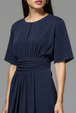 Navy Satin A Line Scoop Neck Midi Work Dress