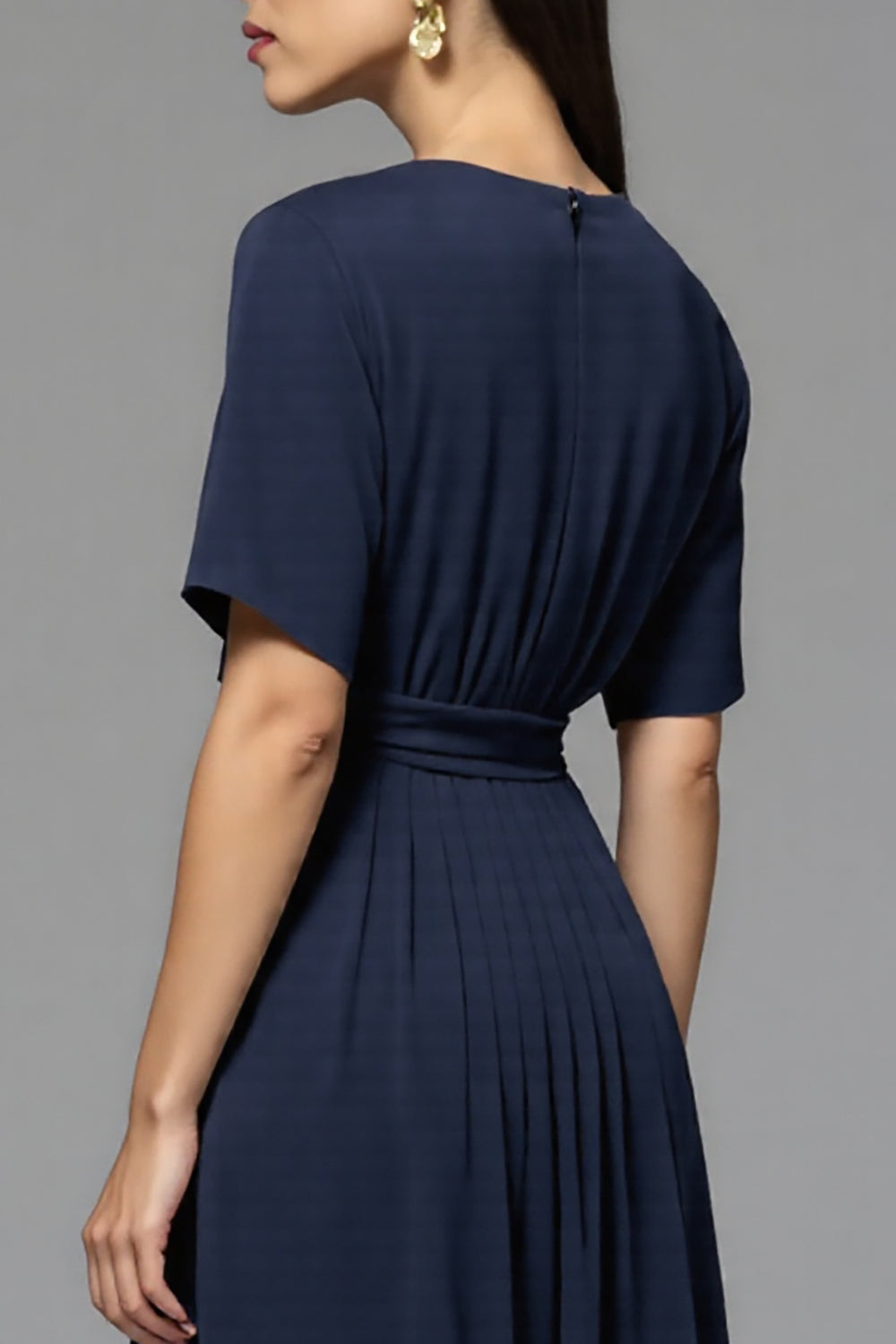 Navy Satin A Line Scoop Neck Midi Work Dress