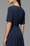 Navy Satin A Line Scoop Neck Midi Work Dress