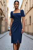 Navy Satin Square Neck Ruched Midi Work Dress with Short Sleeves