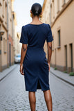 Navy Satin Square Neck Ruched Midi Work Dress with Short Sleeves