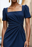 Navy Satin Square Neck Ruched Midi Work Dress with Short Sleeves