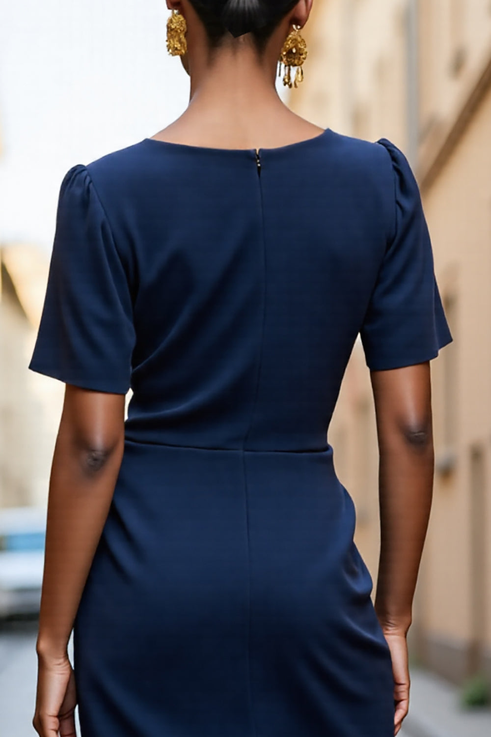 Navy Satin Square Neck Ruched Midi Work Dress with Short Sleeves