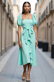 Mint Green A Line Satin Square Neck Midi Work Dress with Ruffles