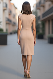 Champagne Bodycon Ruched Jewel Neck Midi Satin Work Dress