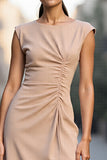 Champagne Bodycon Ruched Jewel Neck Midi Satin Work Dress