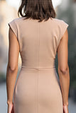 Champagne Bodycon Ruched Jewel Neck Midi Satin Work Dress