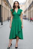 Green Ruffled A Line V Neck Midi Work Dress with Sleeves