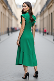 Green Ruffled A Line V Neck Midi Work Dress with Sleeves