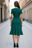 Dark Green A Line Satin V Neck Midi Work Dress with Short Sleeves