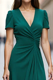 Dark Green A Line Satin V Neck Midi Work Dress with Short Sleeves