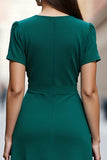 Dark Green A Line Satin V Neck Midi Work Dress with Short Sleeves