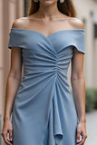 Grey Blue Satin A Line Off the Shoulder Midi Ruched Work Dress