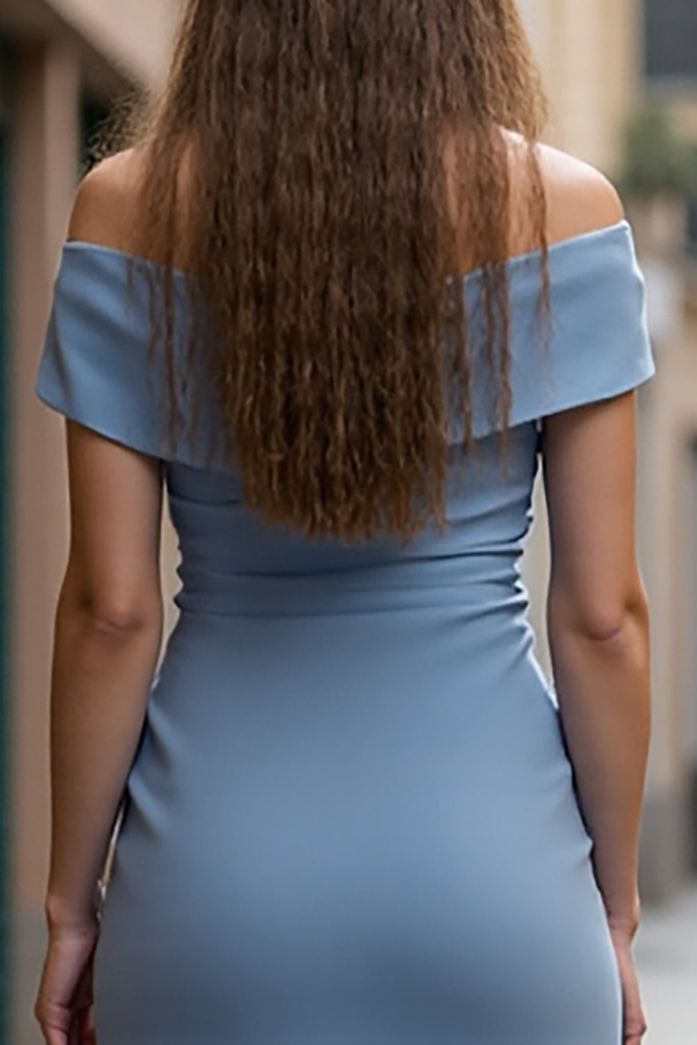 Grey Blue Satin A Line Off the Shoulder Midi Ruched Work Dress