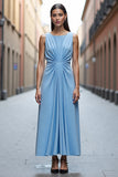 Sky Blue Satin Ruched Long A Line Work Dress