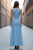 Sky Blue Satin Ruched Long A Line Work Dress