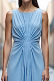 Sky Blue Satin Ruched Long A Line Work Dress