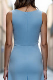 Sky Blue Satin Ruched Long A Line Work Dress