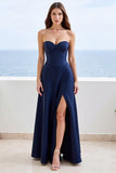 Navy A Line Strapless Long Satin Formal Dress with Slit
