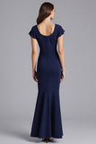Navy Ruffled Sheath Satin Long Formal Dress with Cap Sleeves
