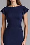 Navy Ruffled Sheath Satin Long Formal Dress with Cap Sleeves