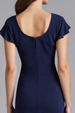 Navy Ruffled Sheath Satin Long Formal Dress with Cap Sleeves