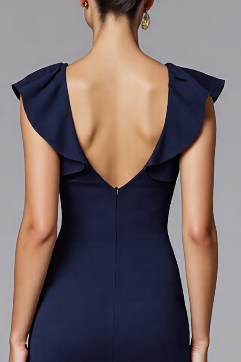 Elegant Navy Boat Neck Satin Long Formal Dress with Ruffles