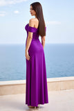 Plum Satin Off the Shoulder Sheath Ruched Long Formal Dress