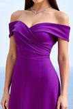 Plum Satin Off the Shoulder Sheath Ruched Long Formal Dress